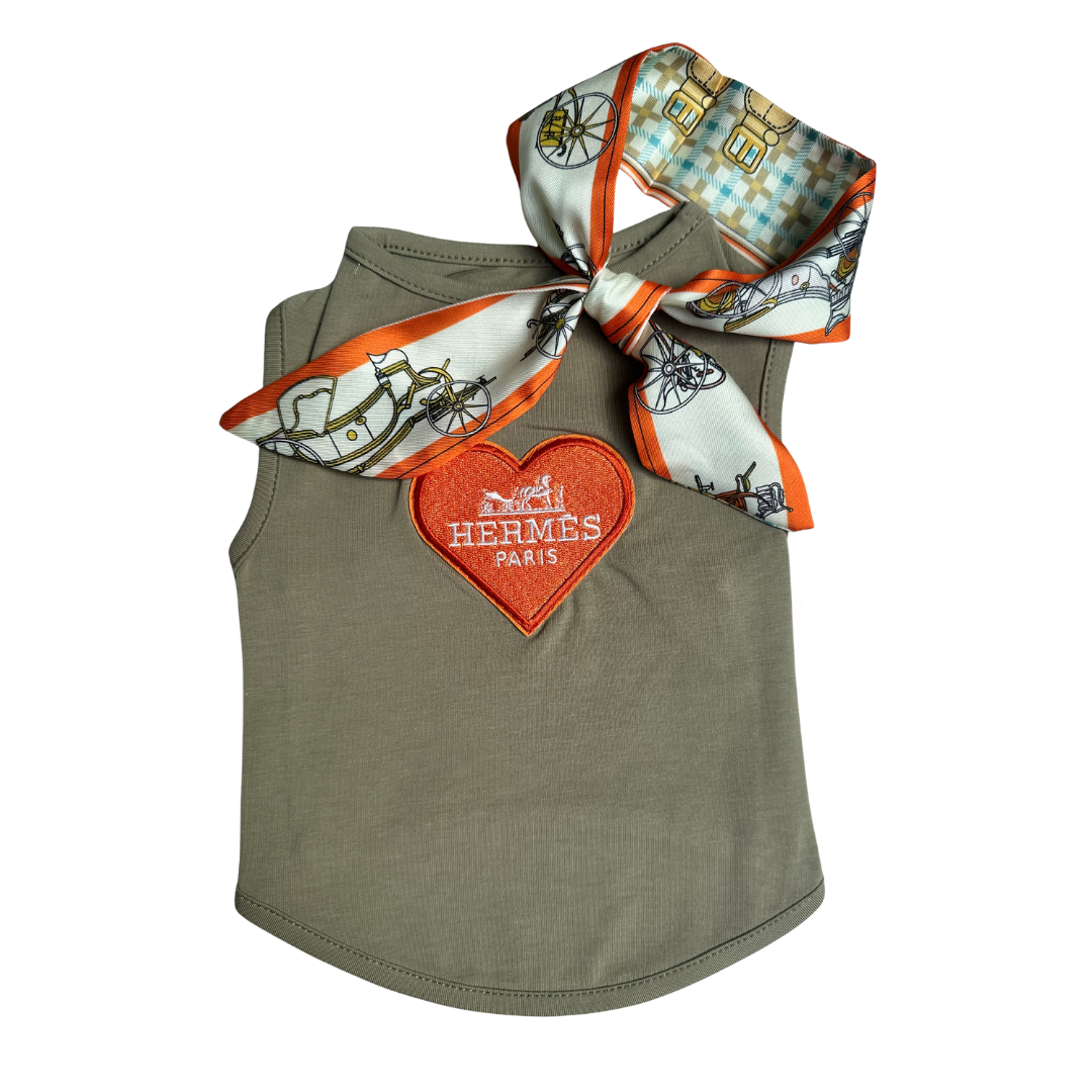 Luxe Hondenshirtje met Geborduurd Oranje Hartje & Bijpassend Sjaaltje - Groen