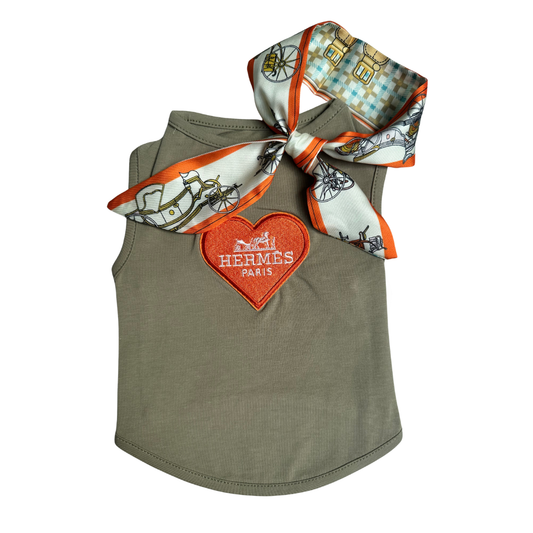 Luxe Hondenshirtje met Geborduurd Oranje Hartje & Bijpassend Sjaaltje - Groen