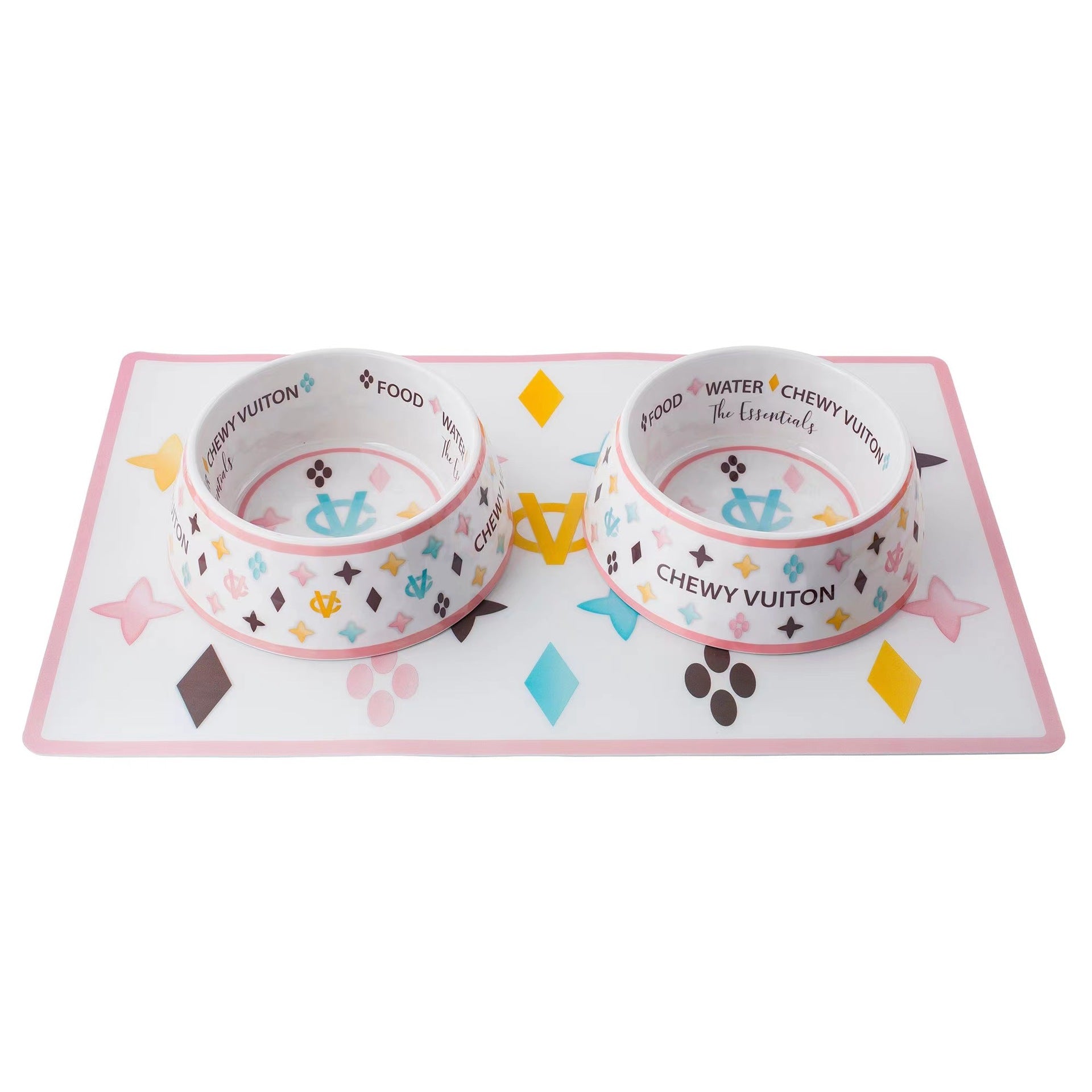 Chewy Vuiton Voer - Drinkbak set roze - Golden Poms